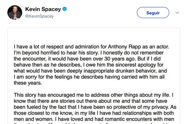 La revelación del actor Kevin Spacey tras ser señalado de acoso