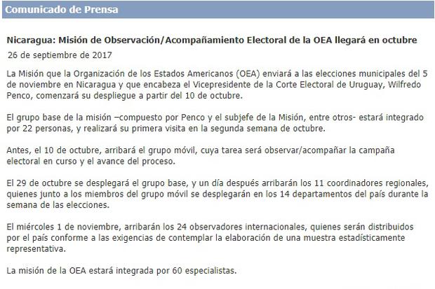Delegación de la OEA confirma fecha de llegada a Nicaragua
