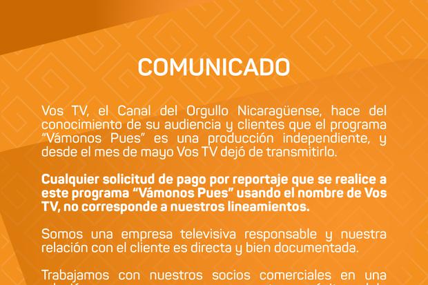 Comunicado de Vos TV sobre el programa "Vámonos pues"
