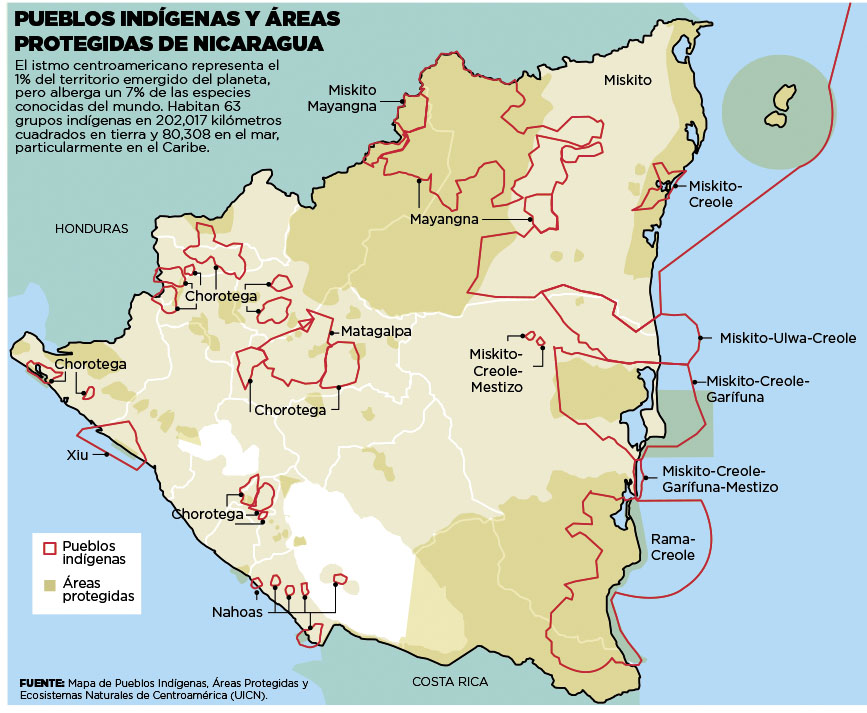 Mapa de pueblos indígenas, áreas protegidas y ecosistemas de Nicaragua / Cortesía
