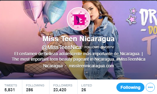 Cuenta de Twitter de Miss Teen Nicaragua.