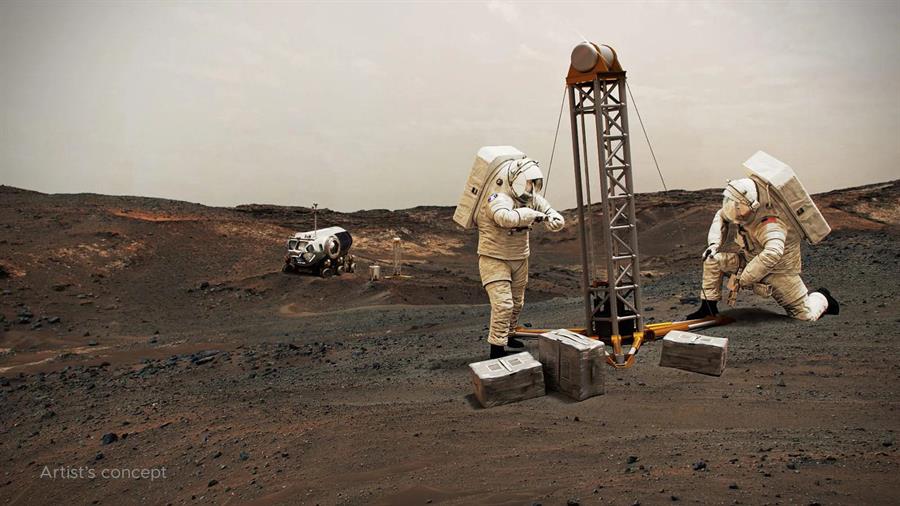 Imagen cedida por la NASA de un dibujo artístico donde astronautas perforan el subsuelo de Marte siguiendo las indicaciones de los nuevos mapas que muestran los lugares accesibles para los futuros astronautas sobre el Planeta Rojo./ EFE