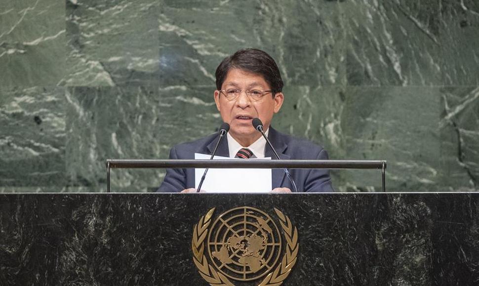 Canciller Denis Moncada, durante su discurso en la Asamblea General de la ONU. Foto: El Nuevo Diario