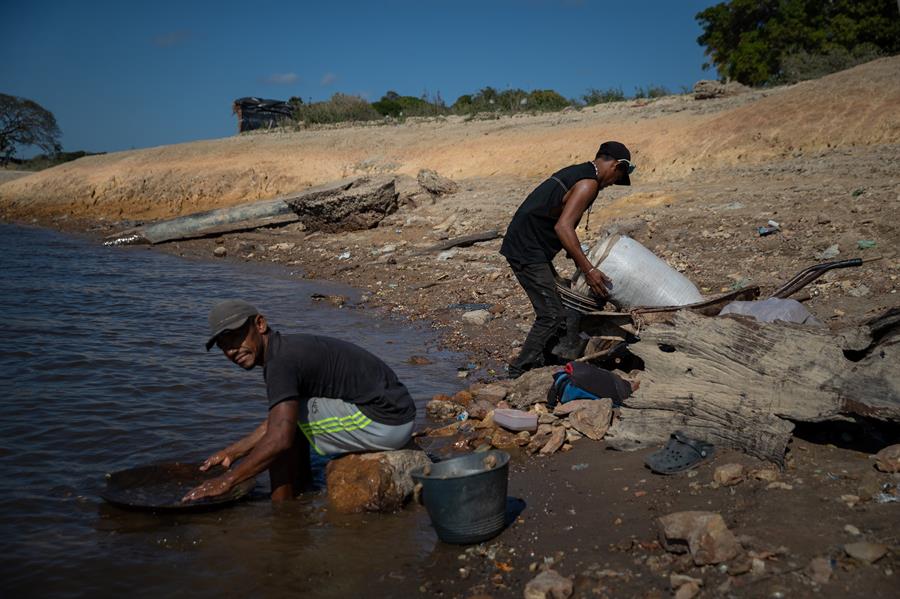 Dos hombres lavan tierra en busca de oro a orillas del río La Paragua./ EFE