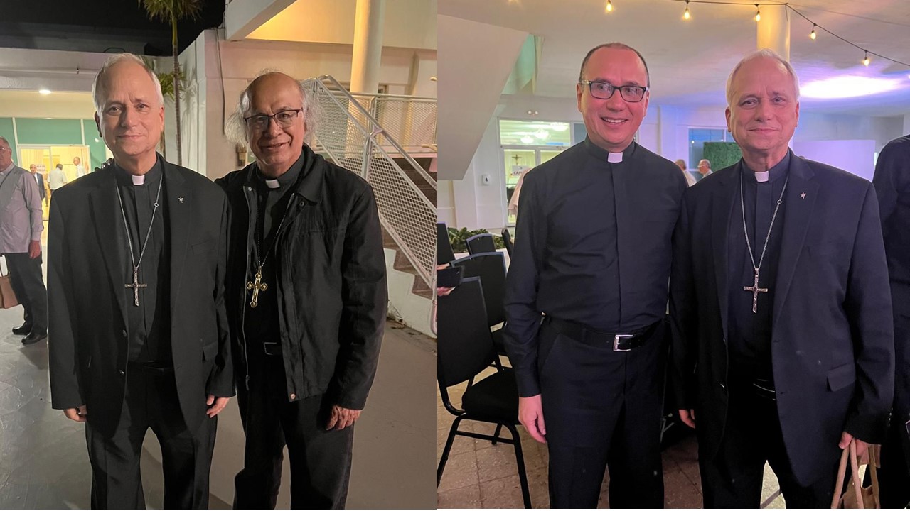 El papa Robert Francis Prevost en ambas fotos junto a los líderes de Nicaragua, Brenes, y Arana./Cortesía