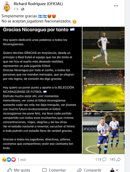 La publicación del futbolista Richard Rodríguez 