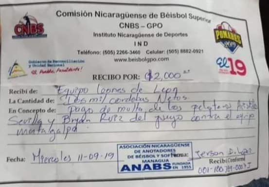 El recibo de pago por multa a Wilton López  