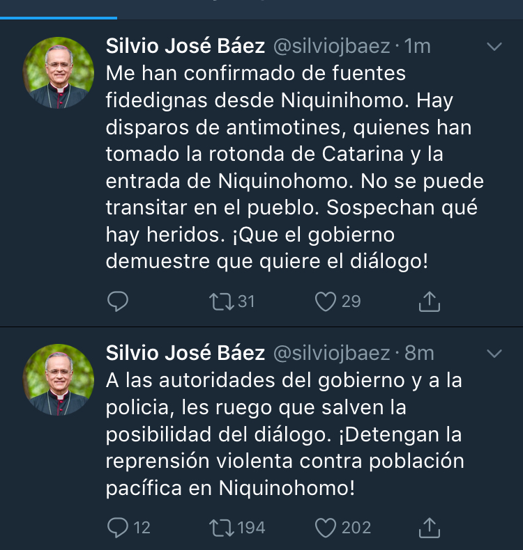 Tuits de monseñor Silvio Báez, obispo auxiliar de Managua.