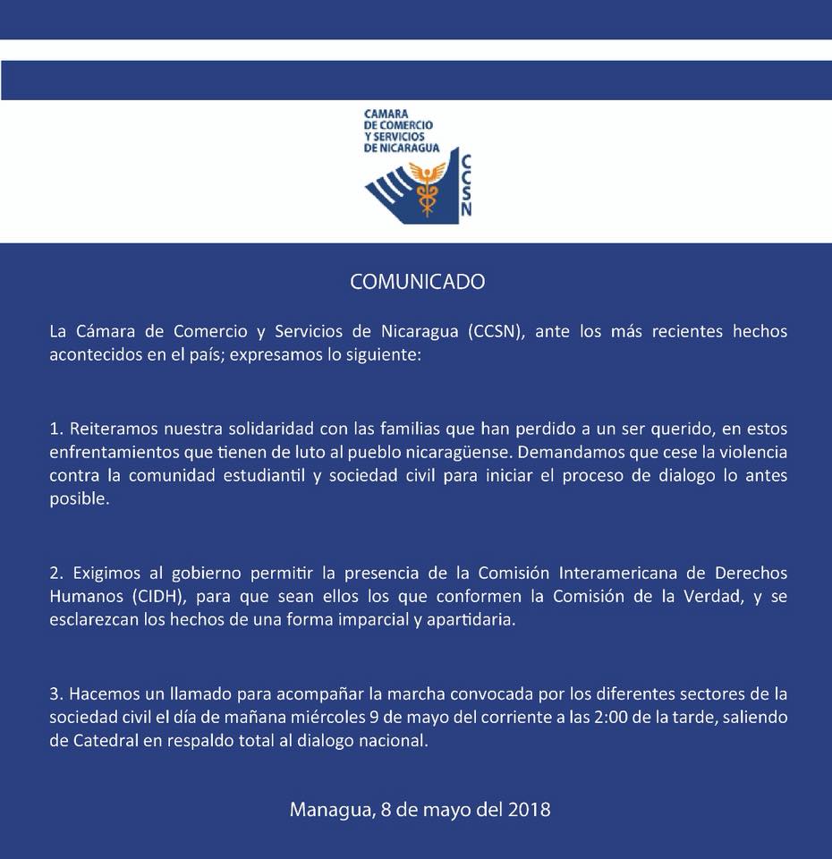 Comunicado de la Cámara de Comercio y Servicios de Nicaragua.