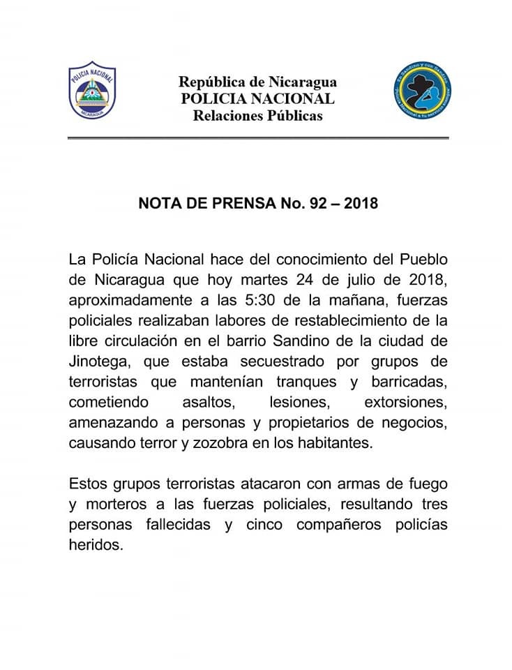 Comunicado de la Policía Nacional sobre lo sucedido en Jinotega.