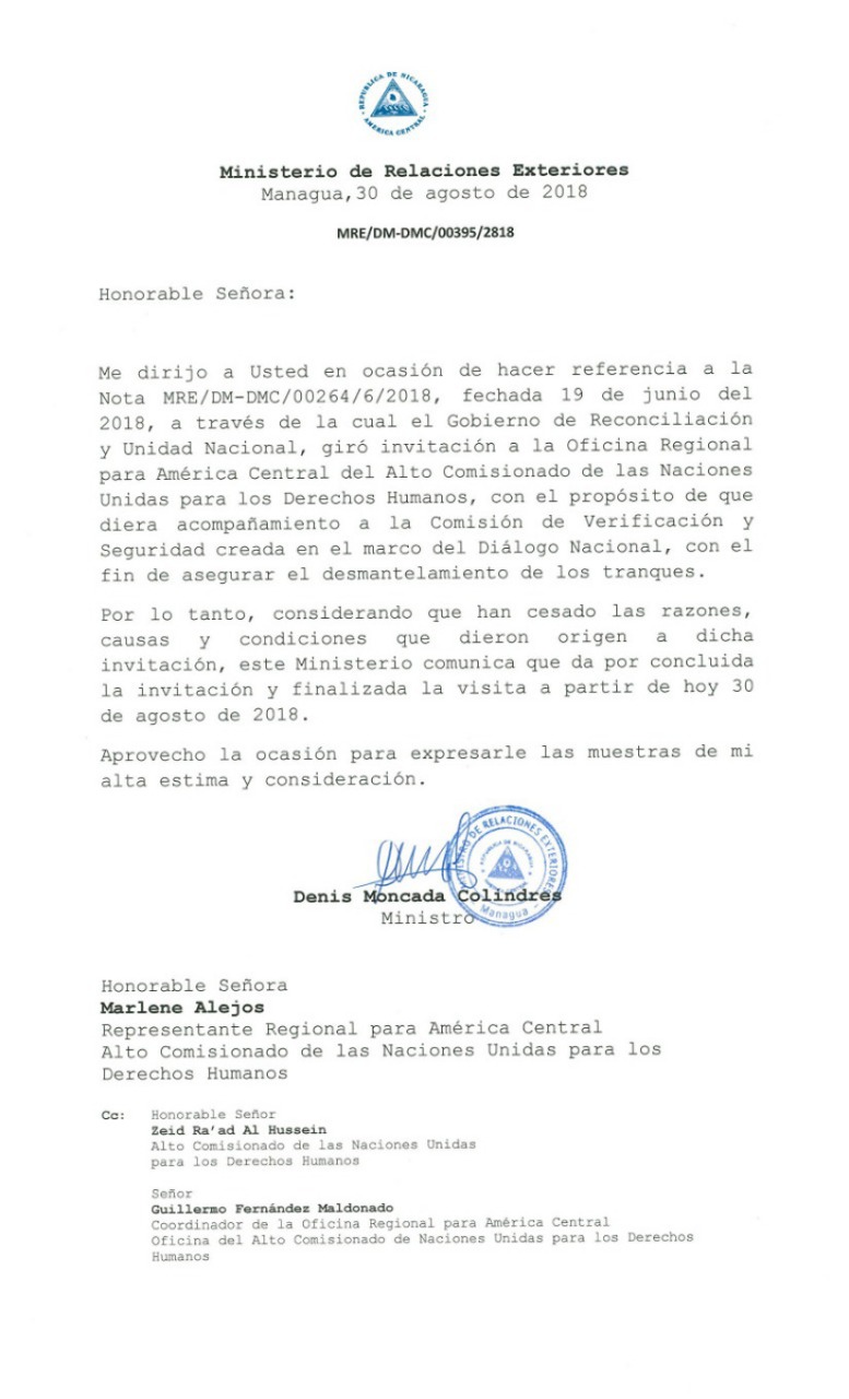 Comunicado del Gobierno de Nicaragua sobre la salida de la Misión de la ONU Derechos Humanos