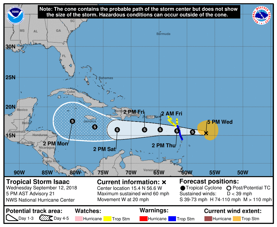 Ruta de la tormenta tropical Isaac, según el Centro Nacional de Huracanes de Miami.