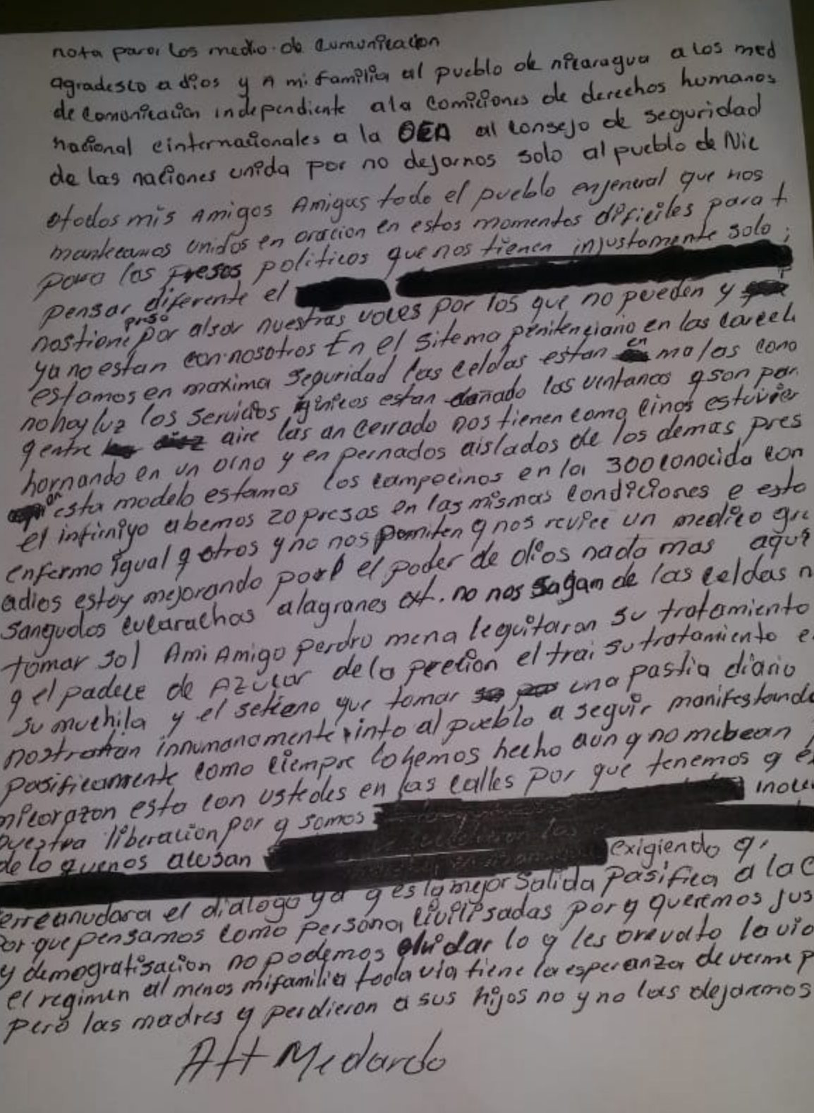 Carta de Medardo Mairena sobre las condiciones de los presos políticos en La Modelo. 