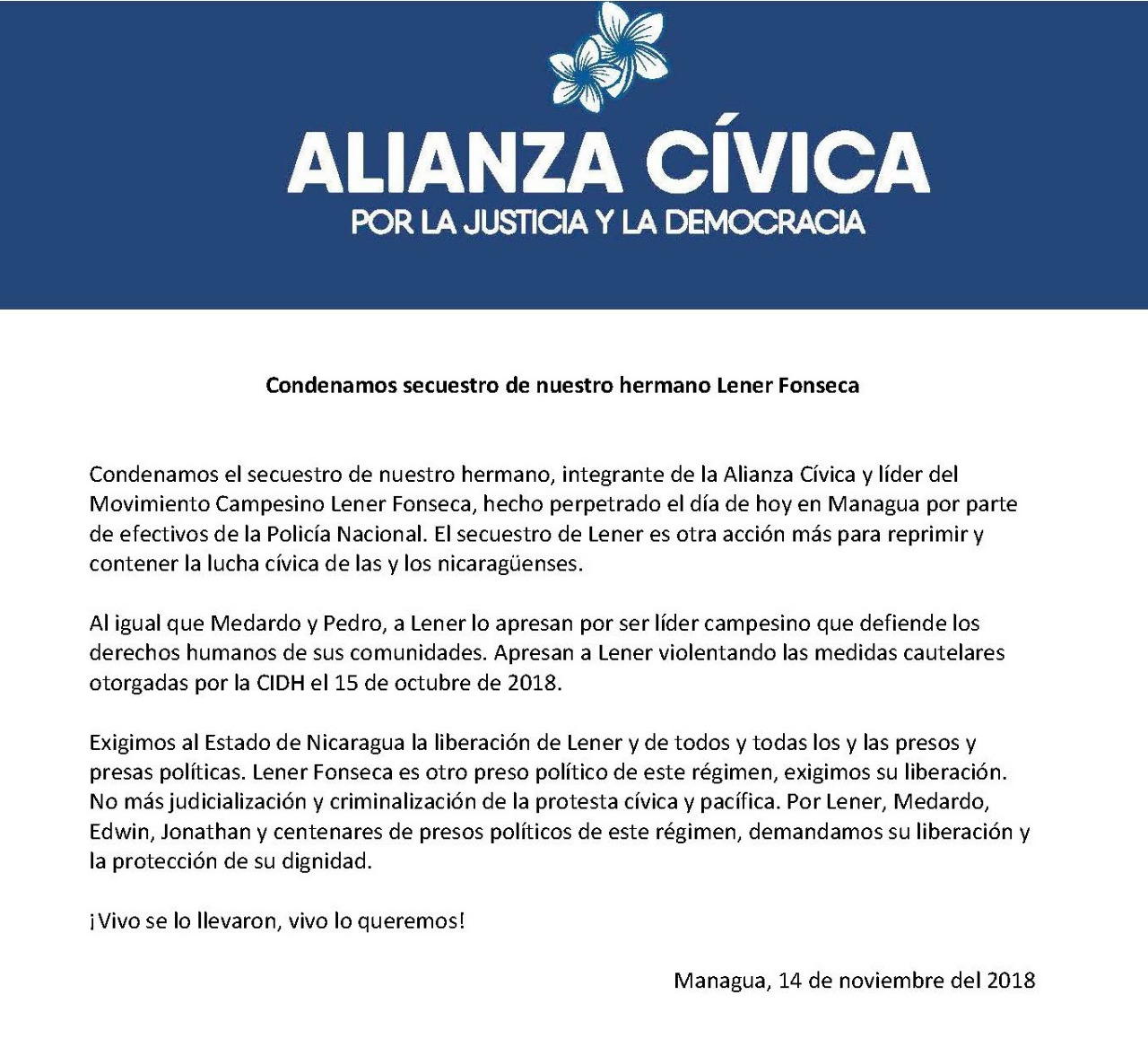 Posición de la Alianza Cívica sobre la detención de Lener Fonseca. 