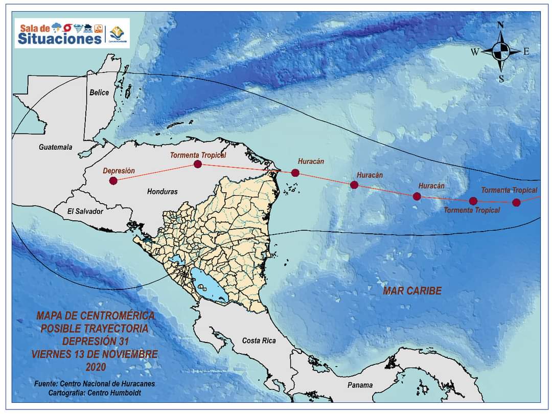 Posible trayectoria de IOTA, según el Centro Humboldt. 