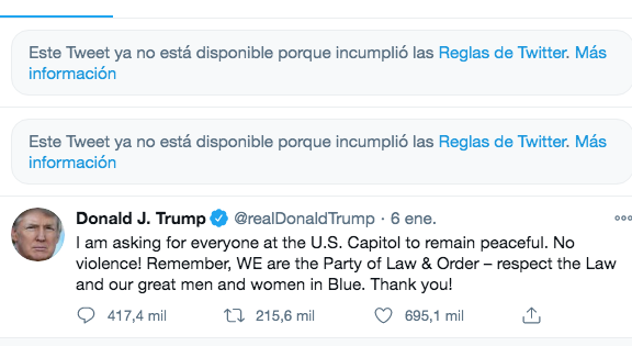 Twitter eliminó varios mensajes de Trump. 