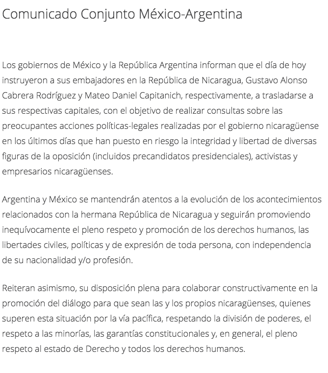 El comunicado que aparece en el sitio web del Gobierno de México  