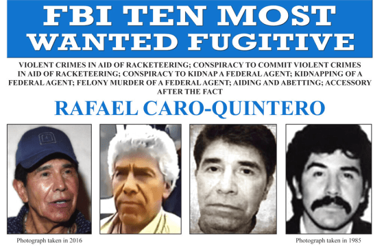 Afiche de se busca de Rafael Caro Quintero, acusado del homicidio del agente de la DEA Enrique Camarena