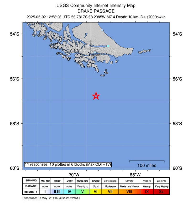 Imagen muestra la ubicación del terremoto de magnitud 7,5 que golpeó el Pasaje de Drake./ EFE