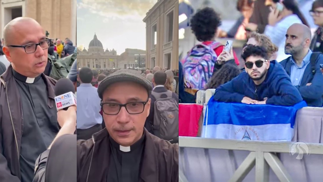 Padre Julio Arana, vicario de la Arquidiócesis de Managua (izq.) y joven que llevó la bandera de Nicaragua a la Plaza San Pedro (der.).
